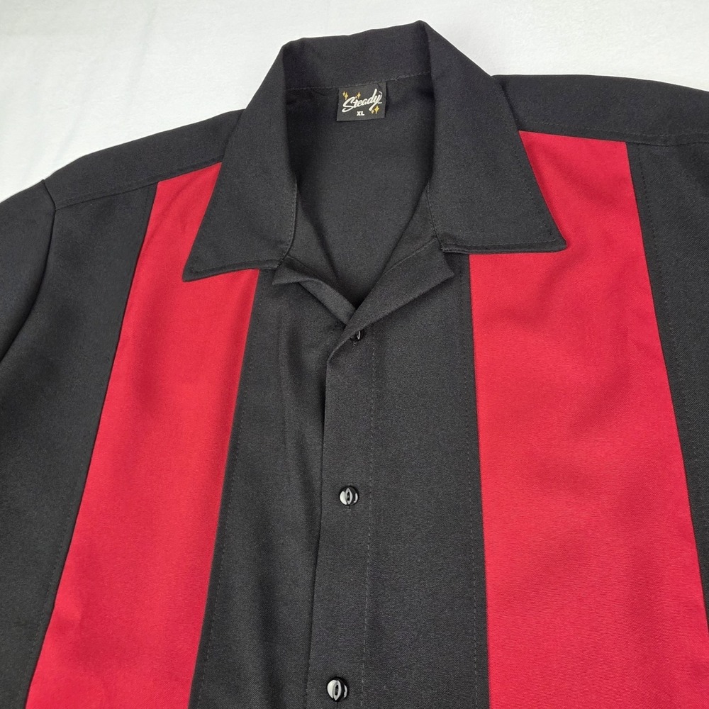 Steady Bowling Shirt Mens XL Red Black Short Sleeve Button Up Rockabilly Casual - Picture 2 of 7